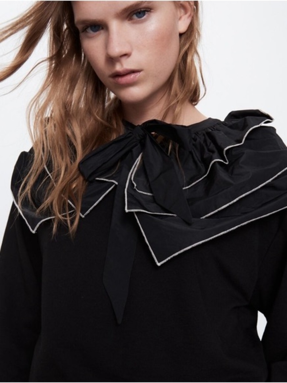 Zara Black Ruffle Tie-Neck Sweatshirt